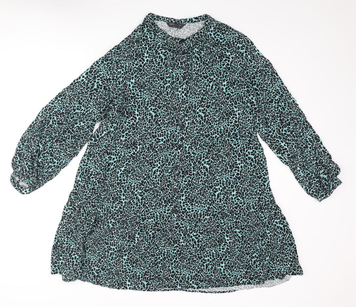 Marks and Spencer Womens Blue Animal Print Polyester A-Line Size 14 Round Neck Button - Leopard Print
