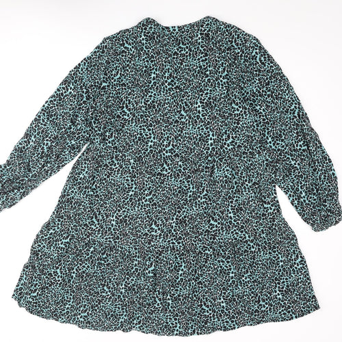 Marks and Spencer Womens Blue Animal Print Polyester A-Line Size 14 Round Neck Button - Leopard Print