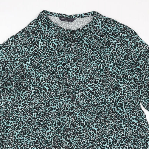 Marks and Spencer Womens Blue Animal Print Polyester A-Line Size 14 Round Neck Button - Leopard Print