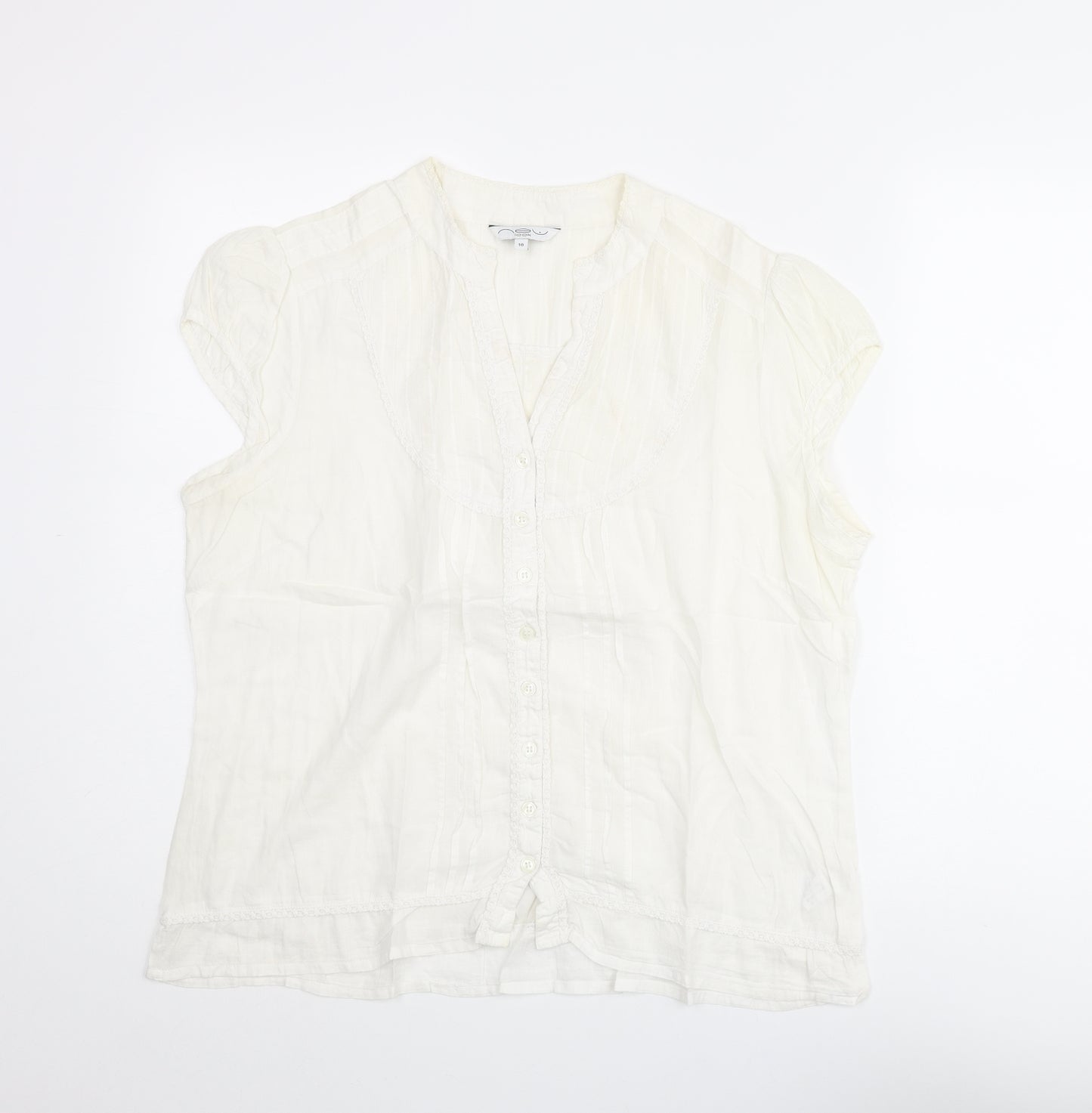 New Look Womens Ivory Cotton Basic Blouse Size 16 V-Neck - Lace Trim