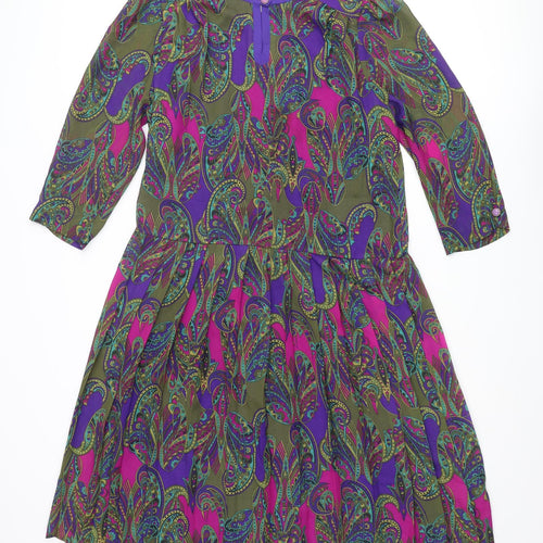 Godske Womens Multicoloured Geometric Polyester Shift Size 12 Round Neck Button - Pleated