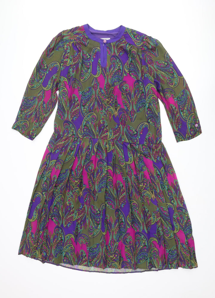 Godske Womens Multicoloured Geometric Polyester Shift Size 12 Round Neck Button - Pleated