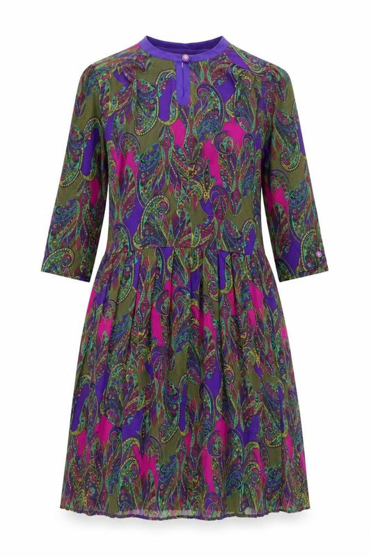 Front view of Godske women’s multicoloured geometric polyester shift, size UK 12, round neck button - pleated