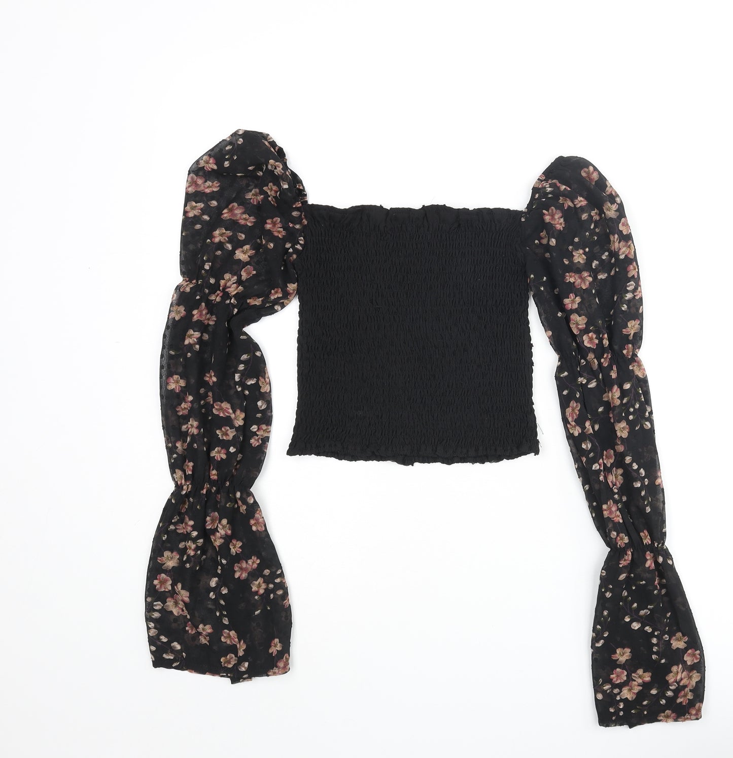 Boohoo Womens Black Polyester Basic Blouse Size 8 Square Neck - Rouched Floral