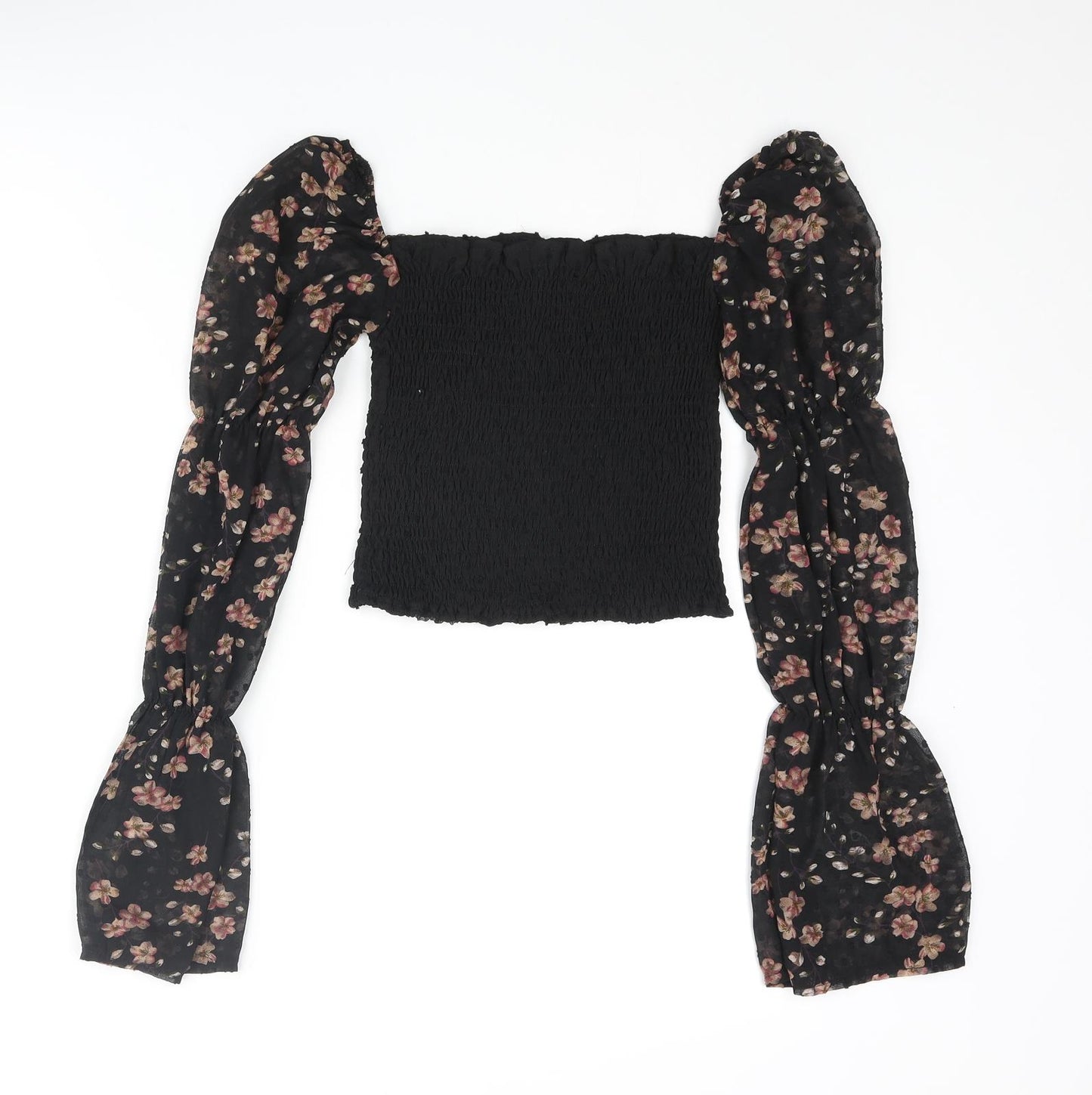Boohoo Womens Black Polyester Basic Blouse Size 8 Square Neck - Rouched Floral