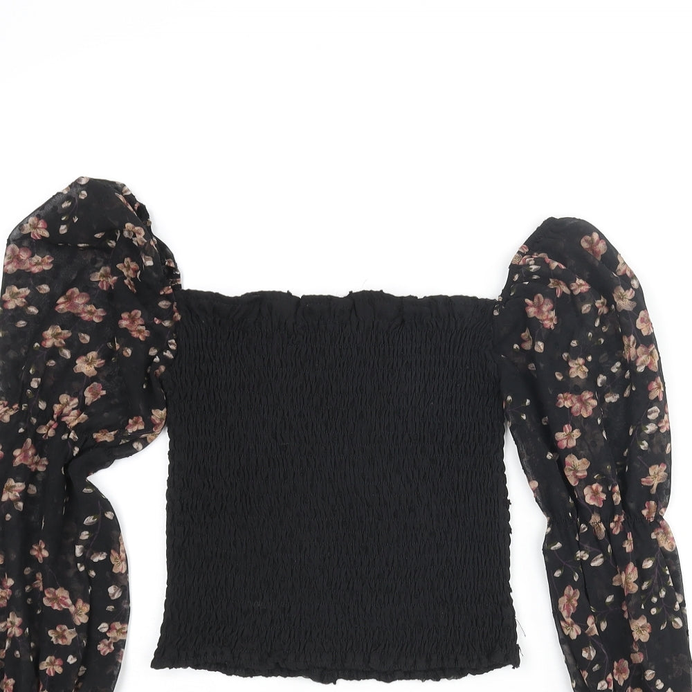 Boohoo Womens Black Polyester Basic Blouse Size 8 Square Neck - Rouched Floral