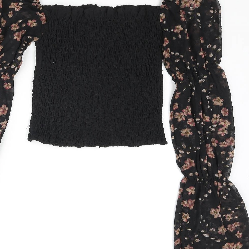 Boohoo Womens Black Polyester Basic Blouse Size 8 Square Neck - Rouched Floral