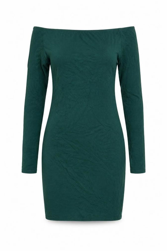 Front view of PRETTYLITTLETHING women’s green viscose mini, size UK 10, off the shoulder pullover