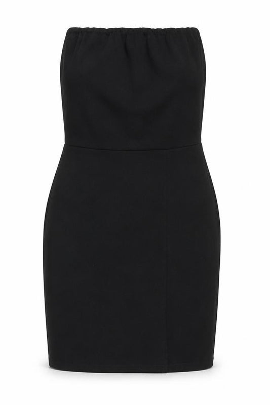 Front view of Boohoo women’s black polyester mini, size UK 10, square neck pullover