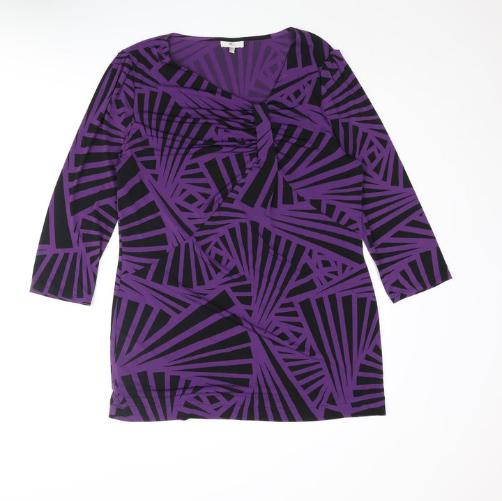 CC Womens Purple Geometric Polyester Basic Blouse Size L V-Neck - Rouched