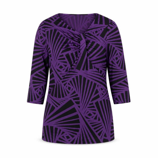 Front view of Country Casuals women’s purple geometric polyester basic blouse, size L, v-neck - rouched