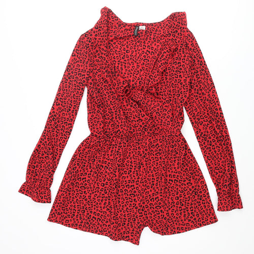 Divided by H&M Womens Red Animal Print Polyester Playsuit One-Piece Size 8 Pullover - Leopard Print Frill