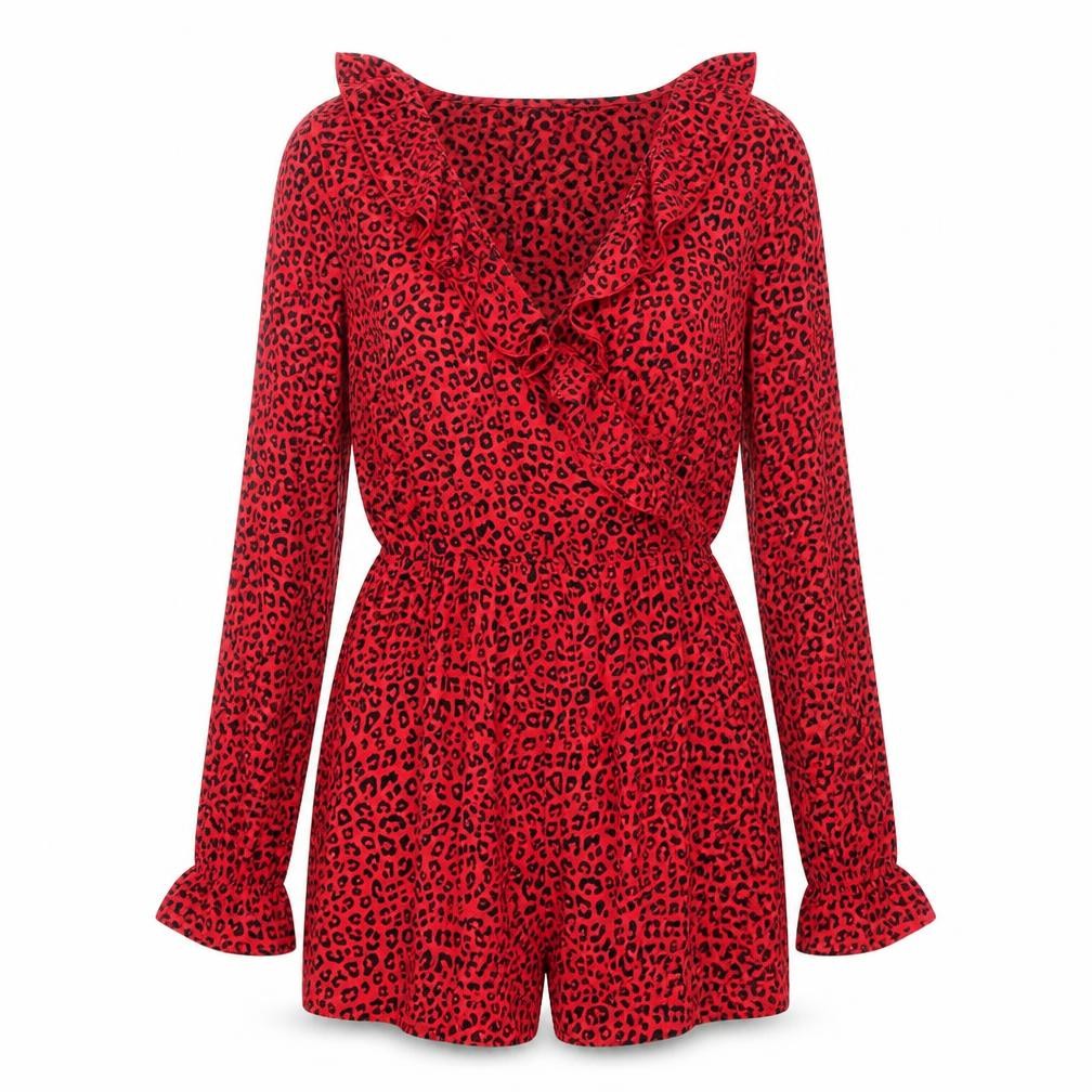 Divided by H&M Womens Red Animal Print Polyester Playsuit One-Piece Size 8 Pullover - Leopard Print Frill