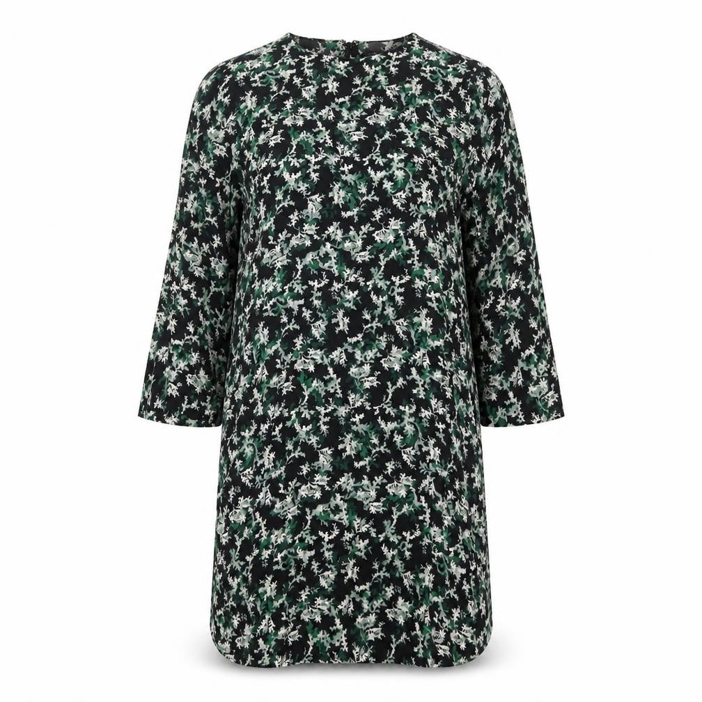 Front view of & Other Stories women’s multicoloured geometric viscose shift, size UK 8, round neck zip