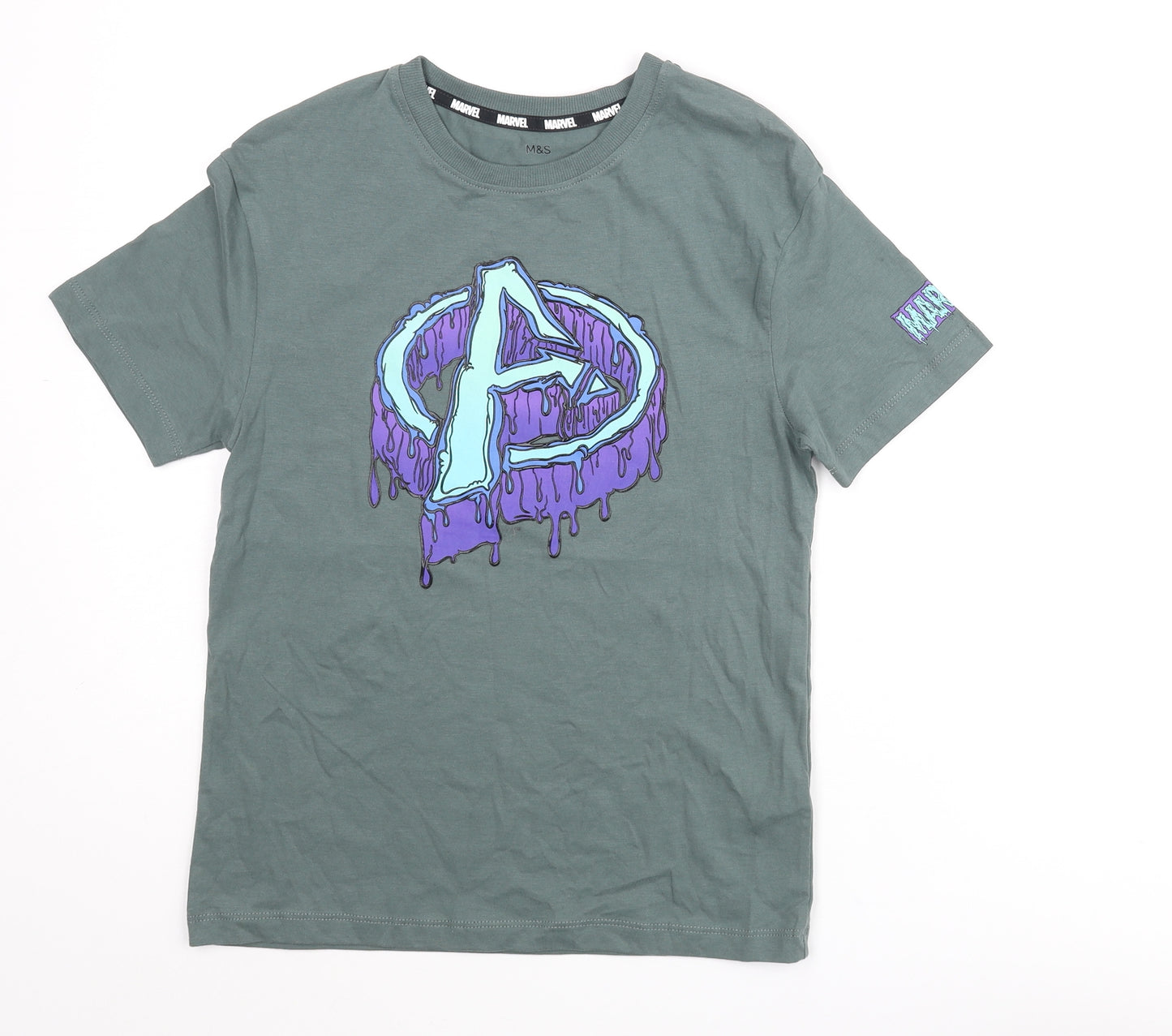 Marvel Boys Green Cotton Basic T-Shirt Size 9-10 Years Scoop Neck Pullover - Avengers Logo