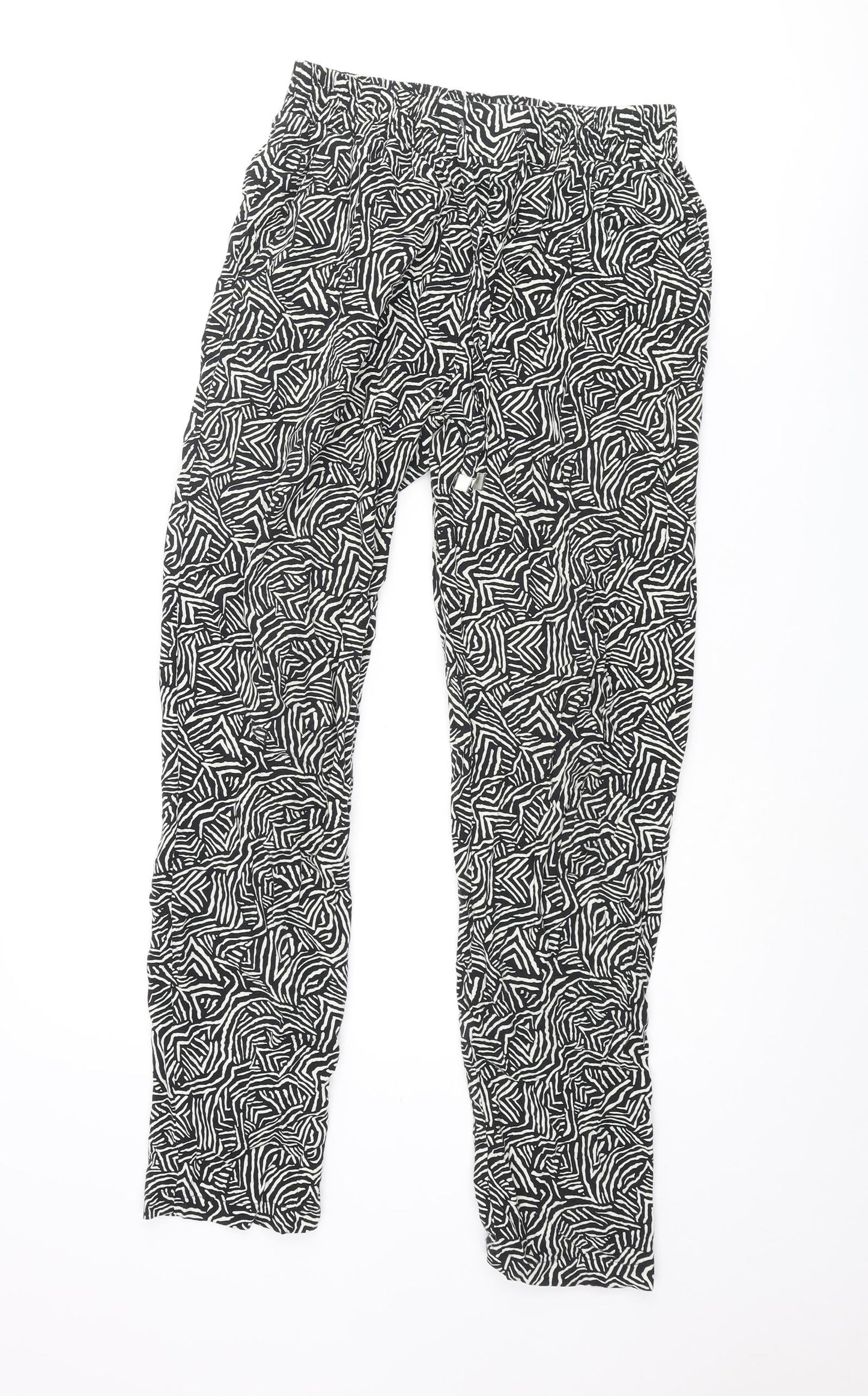 New Look Womens Black Geometric Viscose Trousers Size 8 L27 in Regular Drawstring
