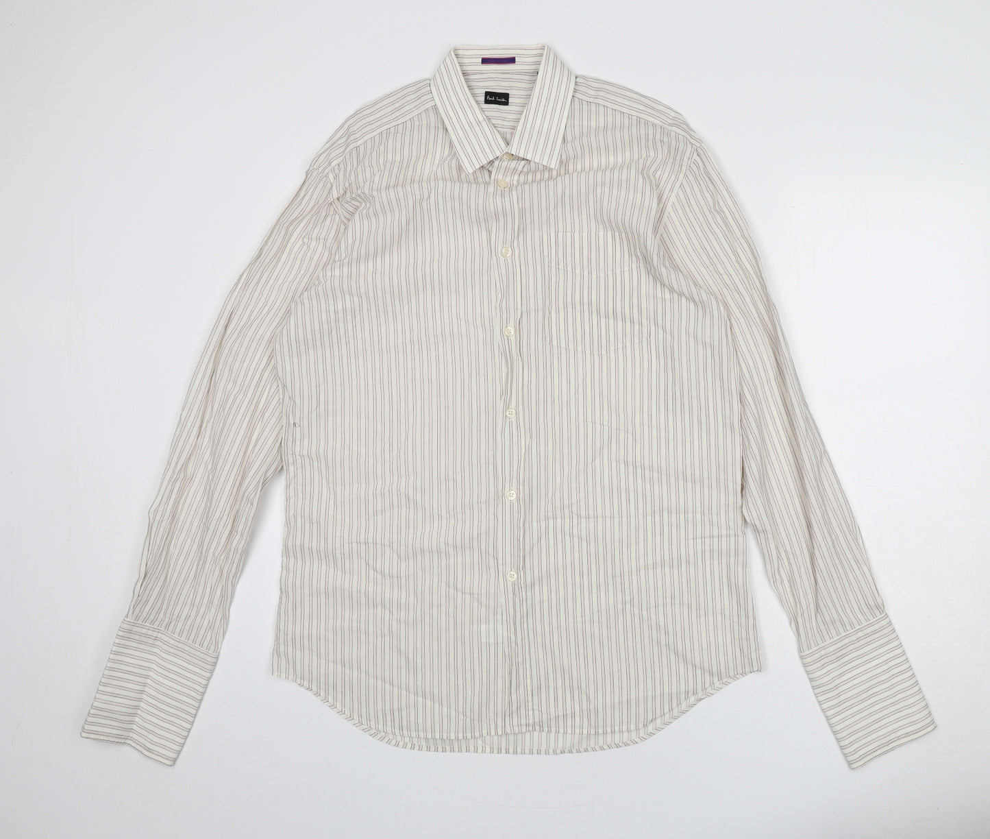 Paul Smith Mens Beige Striped Cotton Button-Up Size 16.5 Collared Button