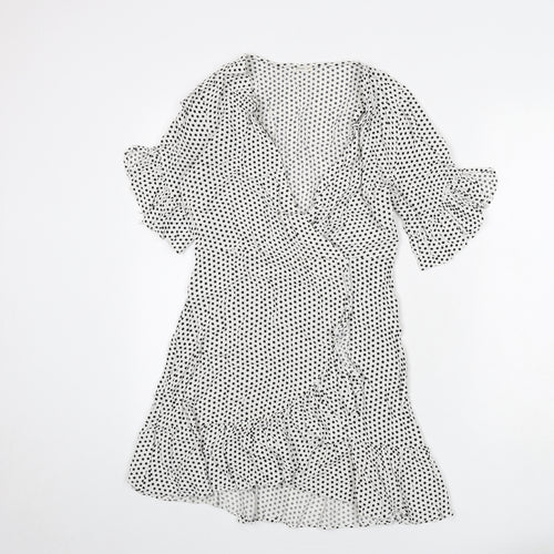 Oysho Womens White Polka Dot Viscose A-Line Size M V-Neck Pullover - Ruffle Detail