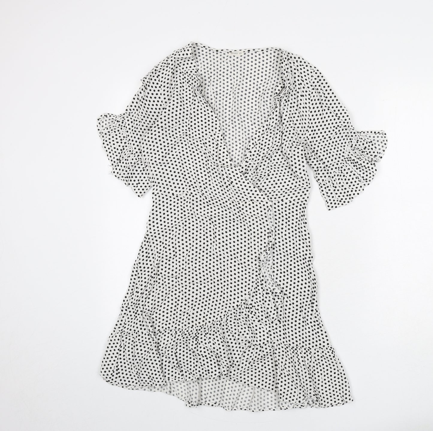 Oysho Womens White Polka Dot Viscose A-Line Size M V-Neck Pullover - Ruffle Detail