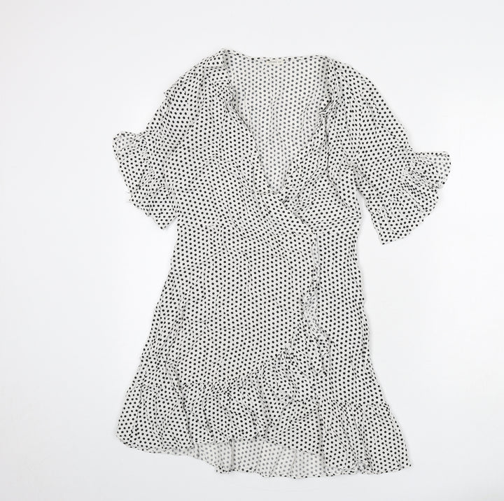 Oysho Womens White Polka Dot Viscose A-Line Size M V-Neck Pullover - Ruffle Detail