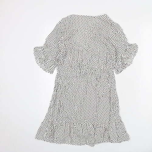 Oysho Womens White Polka Dot Viscose A-Line Size M V-Neck Pullover - Ruffle Detail