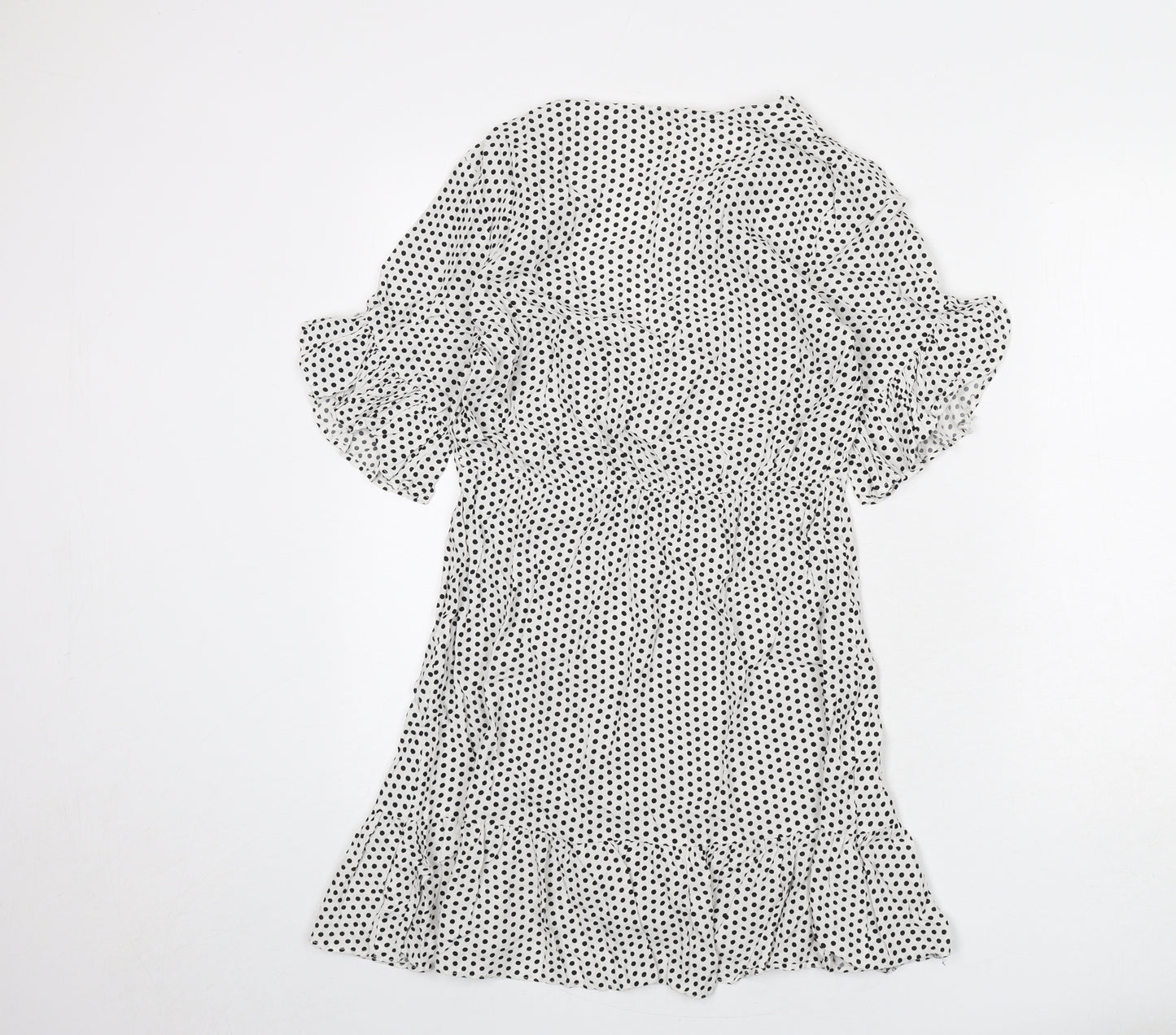 Oysho Womens White Polka Dot Viscose A-Line Size M V-Neck Pullover - Ruffle Detail