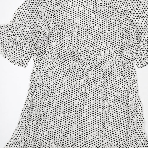 Oysho Womens White Polka Dot Viscose A-Line Size M V-Neck Pullover - Ruffle Detail
