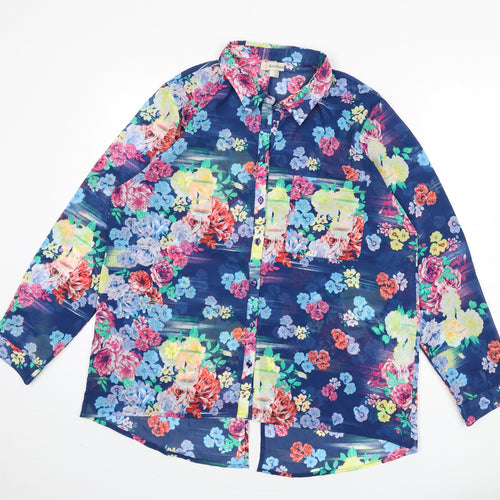 Anmol Womens Blue Floral Polyester Basic Button-Up Size 12 Collared - Back Slit