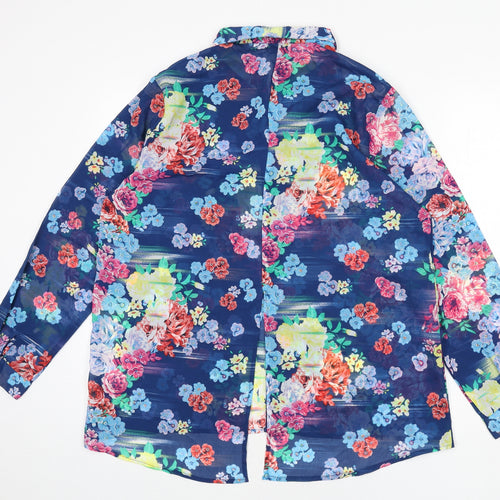 Anmol Womens Blue Floral Polyester Basic Button-Up Size 12 Collared - Back Slit
