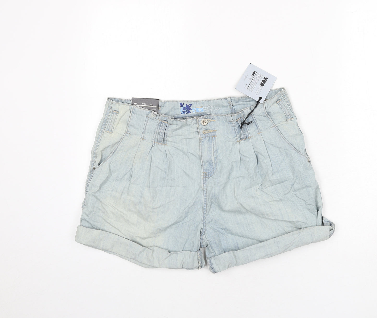 YesYes Womens Blue Cotton Paperbag Shorts Size 8 L3 in Regular Button