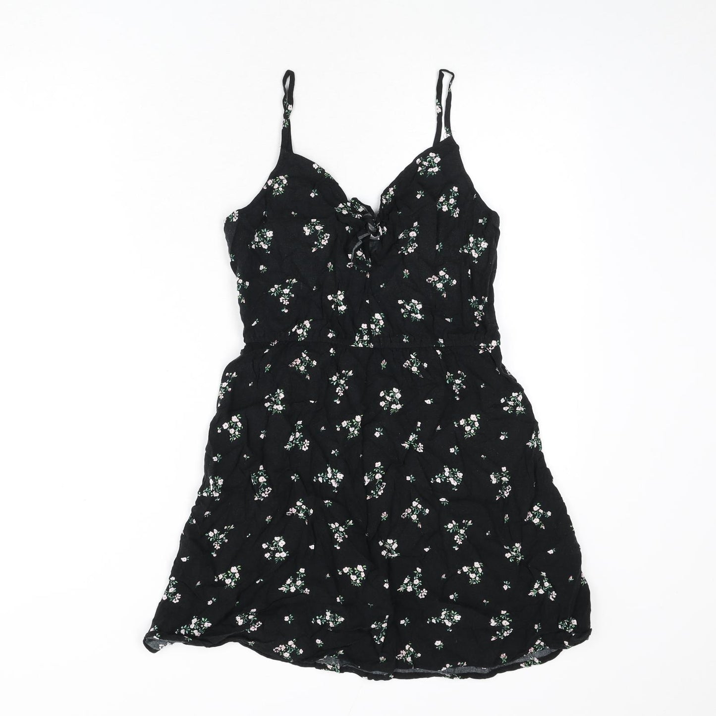 Divided by H&M Womens Black Floral Viscose Mini Size 10 V-Neck Pullover - Tie Front