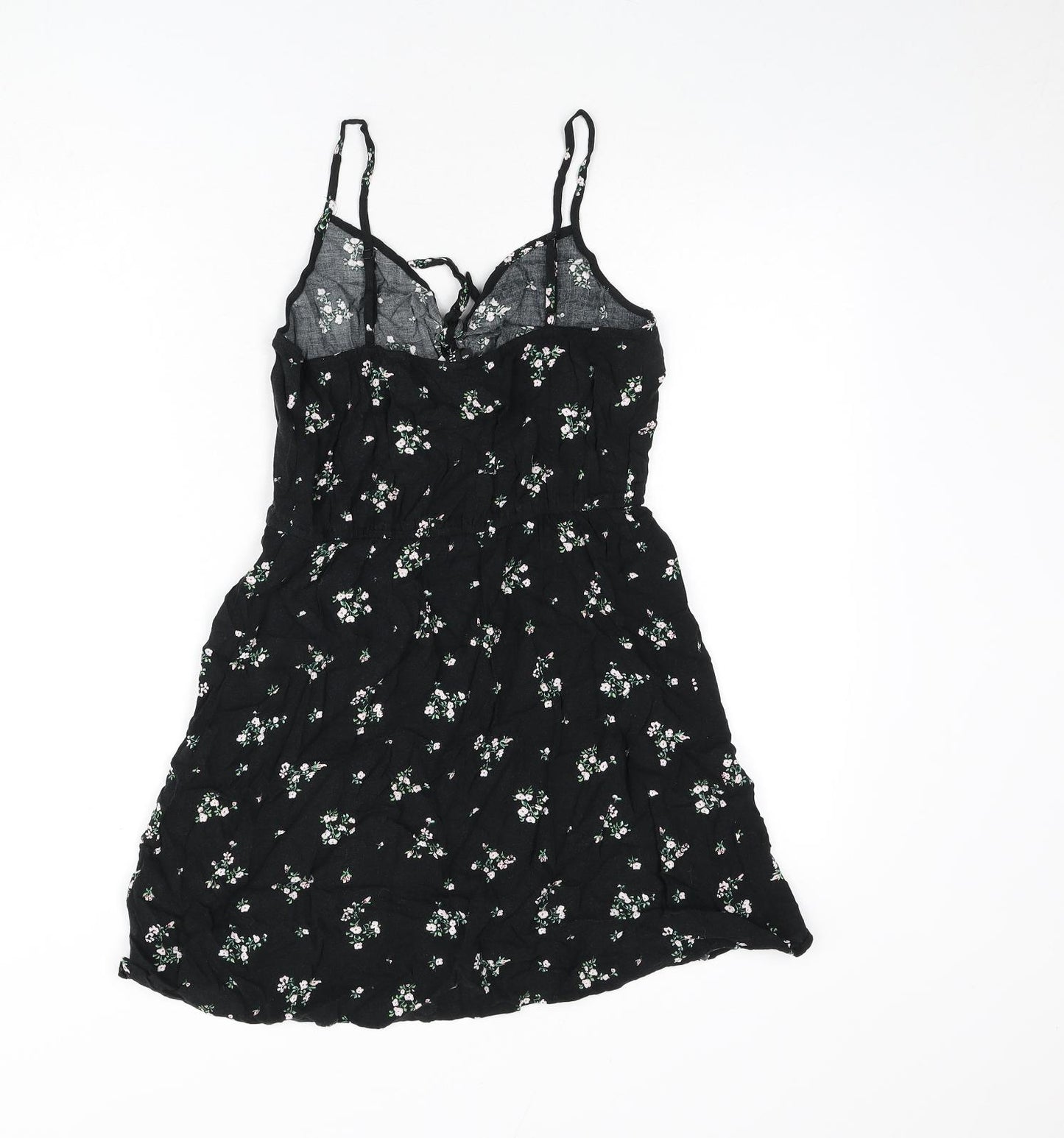 Divided by H&M Womens Black Floral Viscose Mini Size 10 V-Neck Pullover - Tie Front