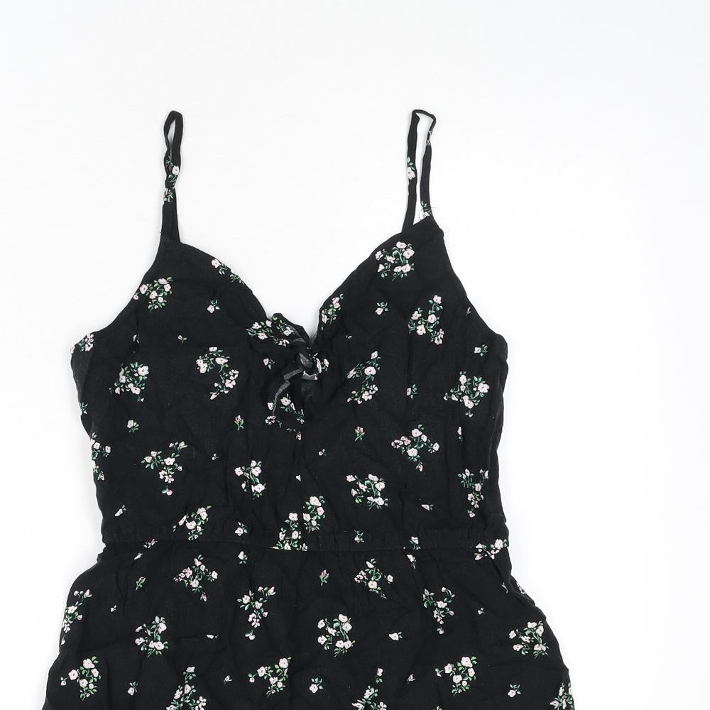 Divided by H&M Womens Black Floral Viscose Mini Size 10 V-Neck Pullover - Tie Front