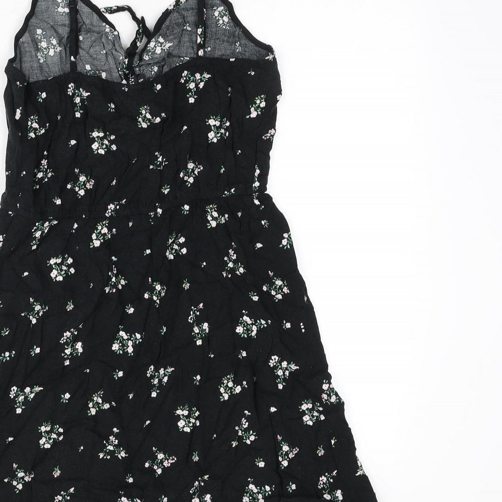 Divided by H&M Womens Black Floral Viscose Mini Size 10 V-Neck Pullover - Tie Front