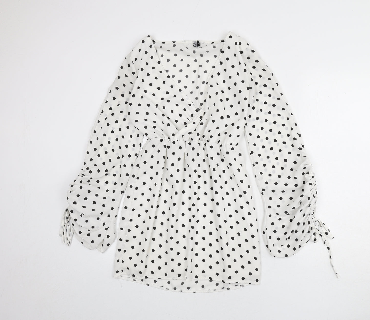 PRETTYLITTLETHING Womens White Polka Dot Polyester A-Line Size 8 V-Neck Pullover - Ruched Arms