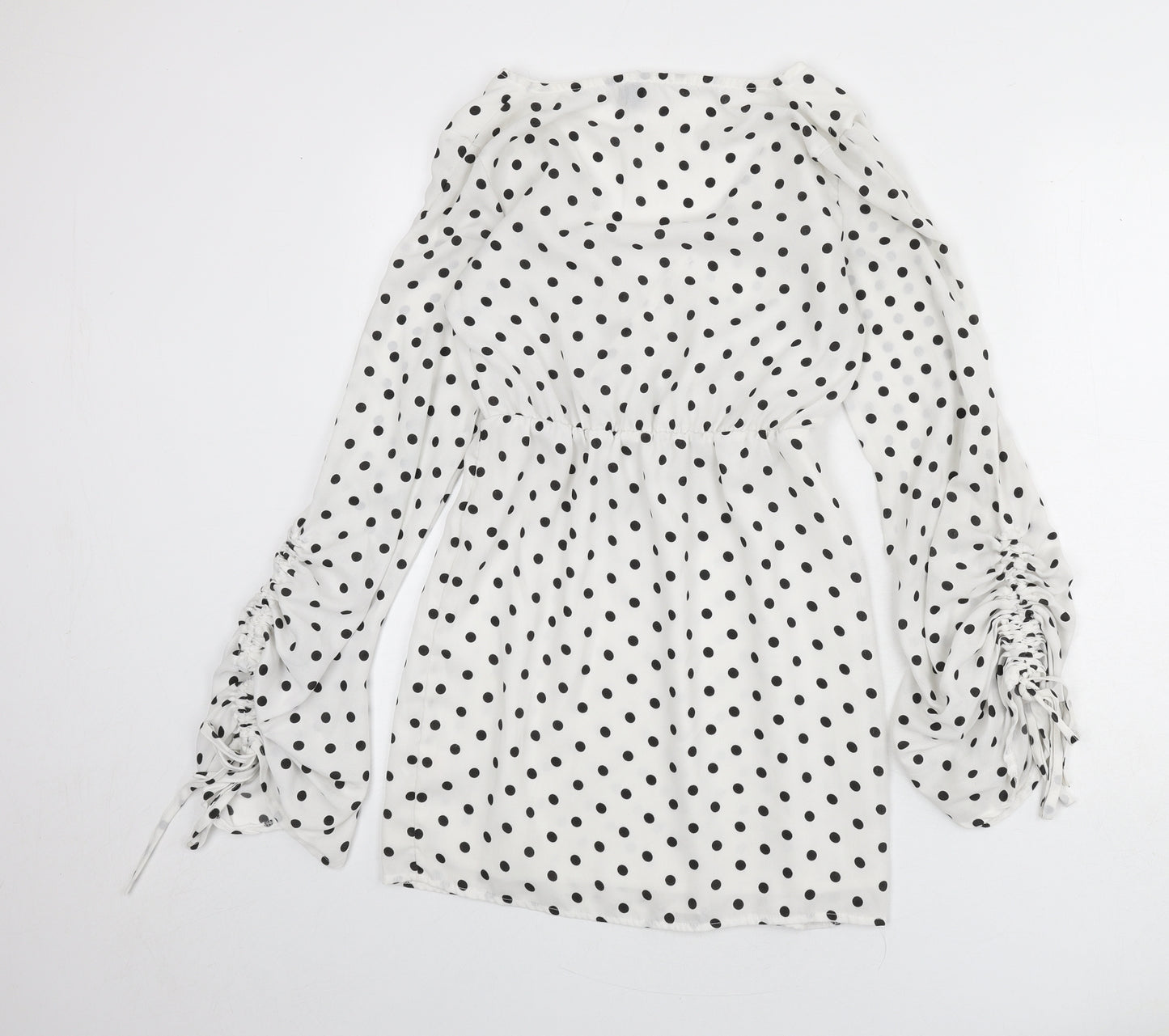 PRETTYLITTLETHING Womens White Polka Dot Polyester A-Line Size 8 V-Neck Pullover - Ruched Arms