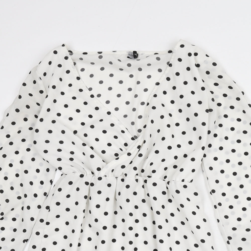 PRETTYLITTLETHING Womens White Polka Dot Polyester A-Line Size 8 V-Neck Pullover - Ruched Arms