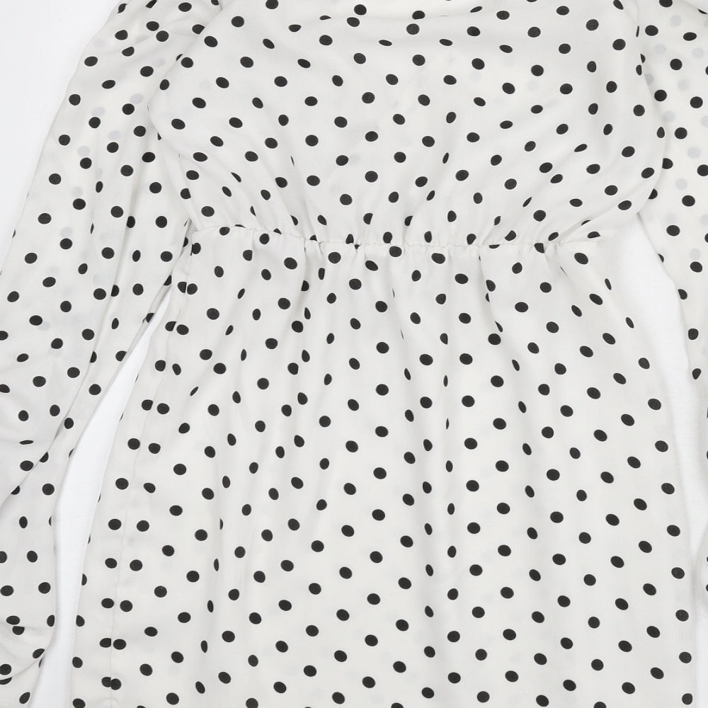 PRETTYLITTLETHING Womens White Polka Dot Polyester A-Line Size 8 V-Neck Pullover - Ruched Arms