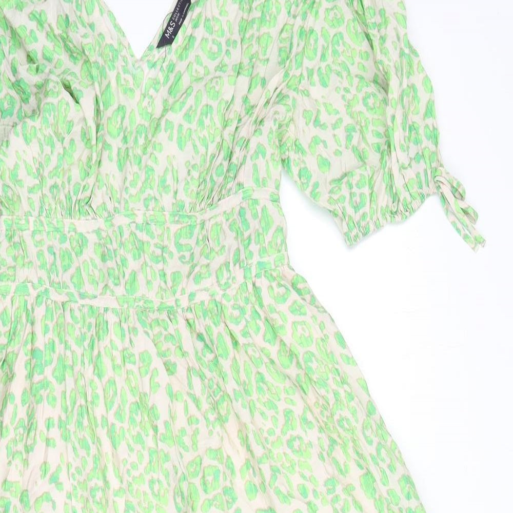 Marks and Spencer Womens Multicoloured Animal Print Viscose A-Line Size 8 V-Neck Pullover - Tie Detail, Leopard Print