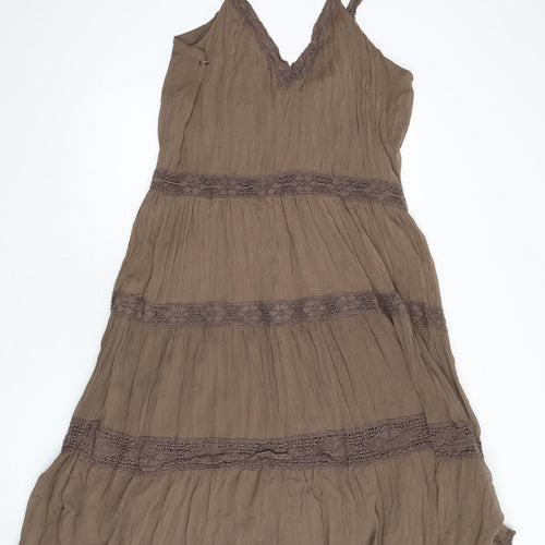 Marks and Spencer Womens Brown Polyester A-Line Size 18 V-Neck Zip - Lace Detail