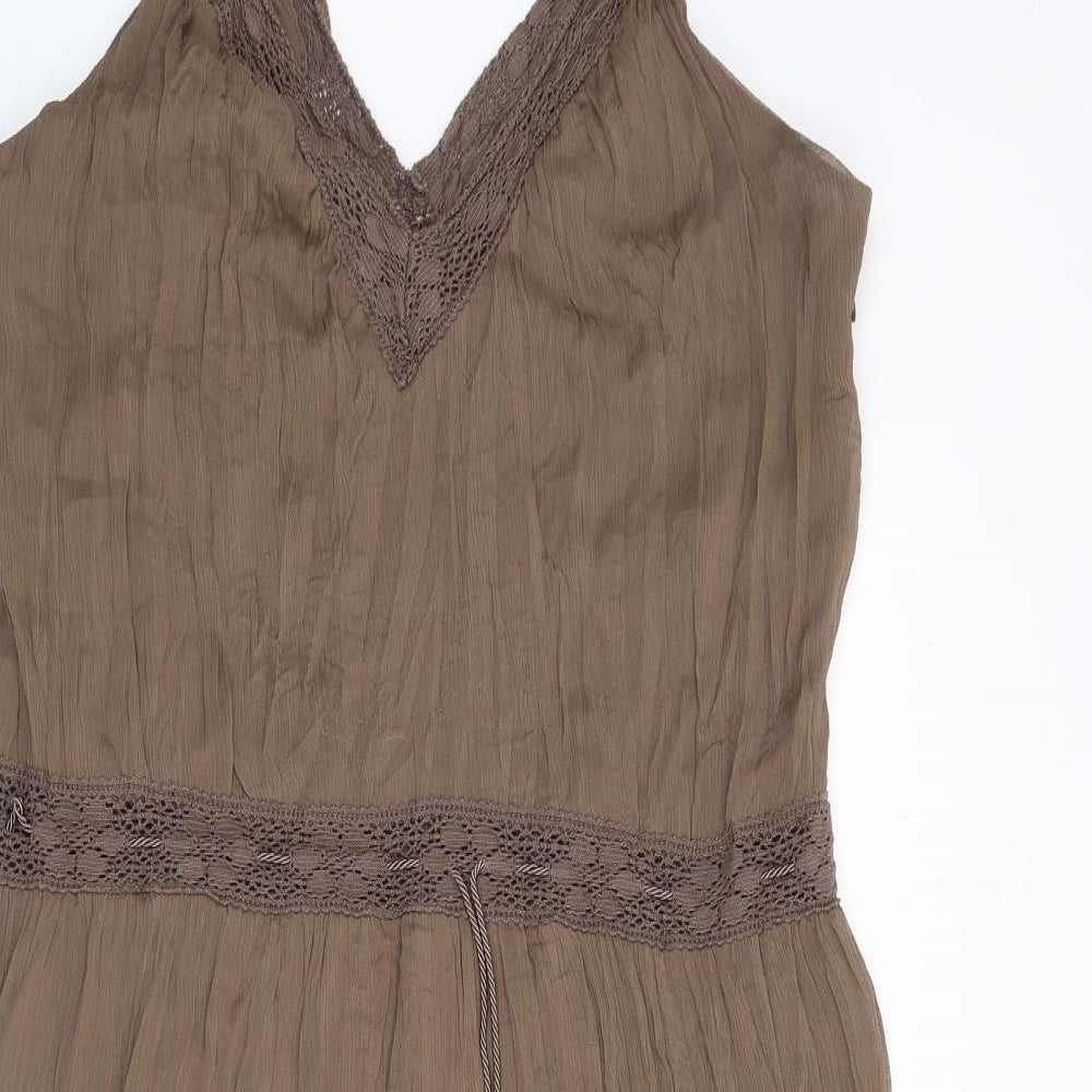 Marks and Spencer Womens Brown Polyester A-Line Size 18 V-Neck Zip - Lace Detail