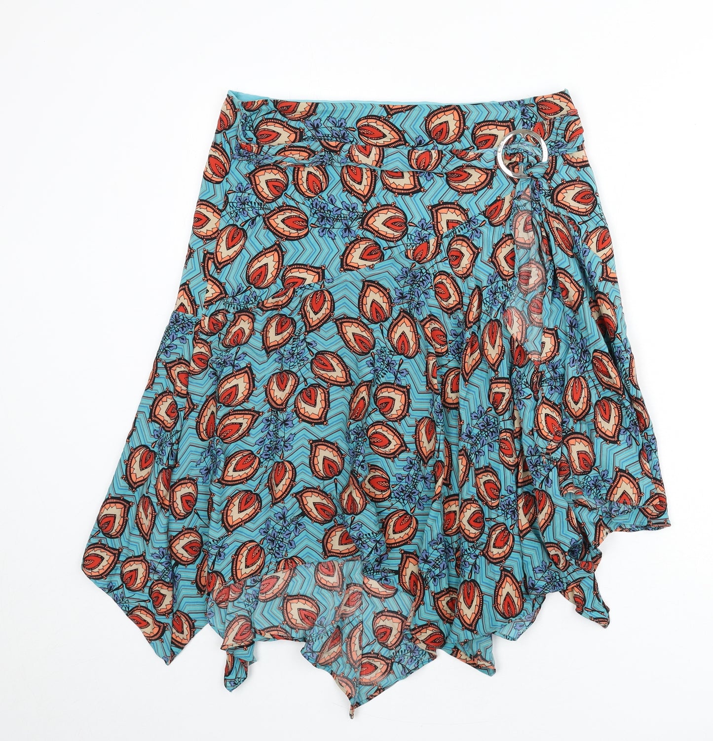Karen Millen Womens Multicoloured Geometric Silk Flare Skirt Size 12 Zip - Asymmetric, Buckle, Tie Detail