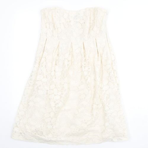 VILA Womens Beige Geometric Cotton A-Line Size M Off the Shoulder Zip - Lace Overlay