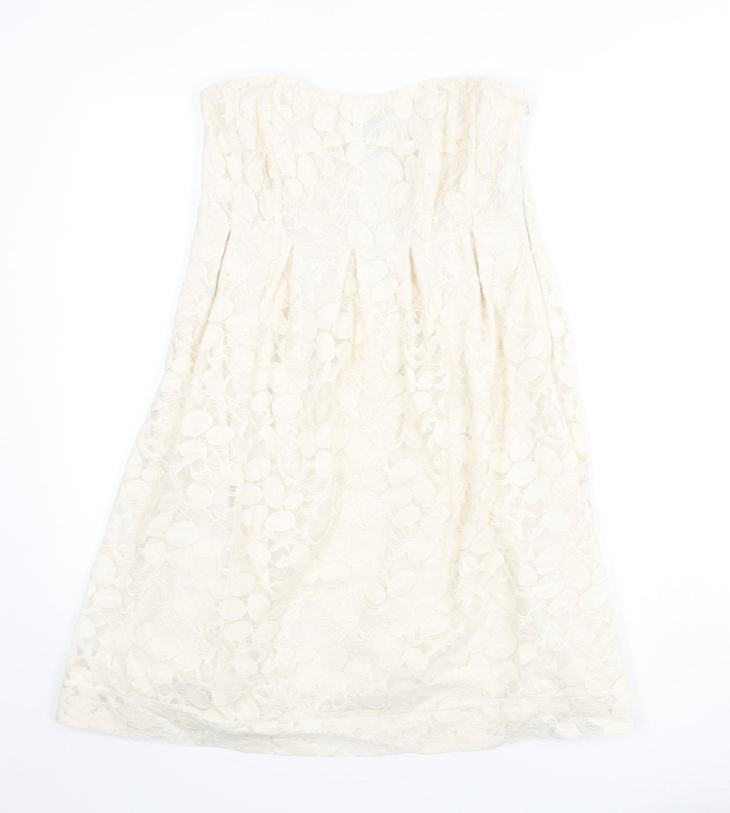 VILA Womens Beige Geometric Cotton A-Line Size M Off the Shoulder Zip - Lace Overlay