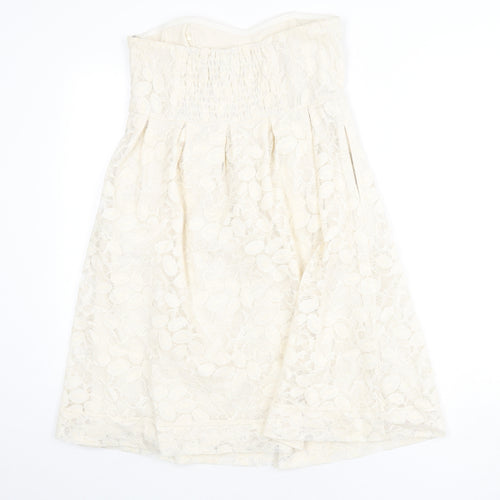 VILA Womens Beige Geometric Cotton A-Line Size M Off the Shoulder Zip - Lace Overlay