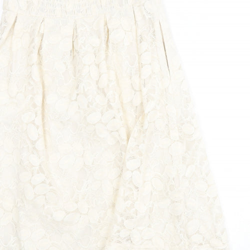 VILA Womens Beige Geometric Cotton A-Line Size M Off the Shoulder Zip - Lace Overlay