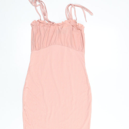PRETTYLITTLETHING Womens Pink Polyester Bodycon Size 8 Square Neck Tie - Ribbed