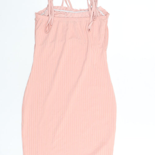 PRETTYLITTLETHING Womens Pink Polyester Bodycon Size 8 Square Neck Tie - Ribbed