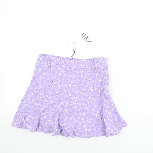 Zara Womens Purple Floral Viscose Flare Skirt Size S Zip
