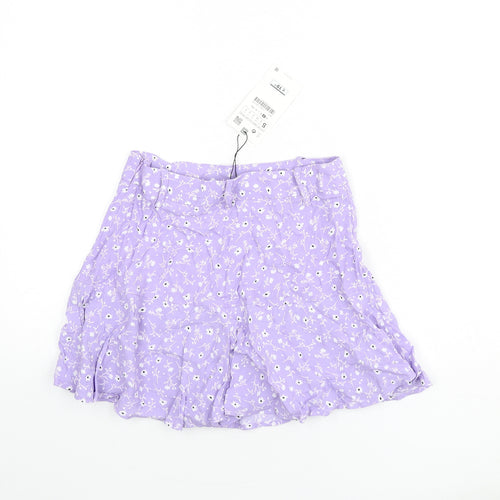 Zara Womens Purple Floral Viscose Flare Skirt Size S Zip